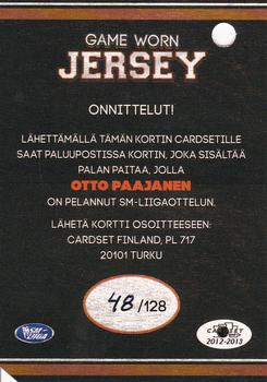 2012-13 Cardset Finland - Game Worn Jersey Series 1 Redemption #NNO Otto Paajanen Back