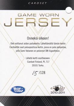 2010-11 Cardset Finland - Game Worn Jersey Series 2 Redemption #NNO Sami Vatanen Back