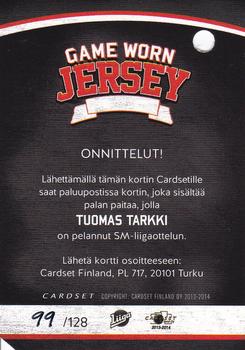 2013-14 Cardset Finland - Game Worn Jersey Series 2 Redemption #NNO Tuomas Tarkki Back