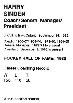 1991-92 Sports Action Boston Bruins Legends #31 Harry Sinden Back