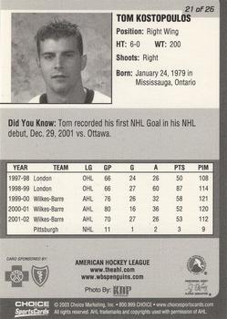 2002-03 Choice Wilkes-Barre/Scranton Penguins (AHL) #21 Tom Kostopoulos Back