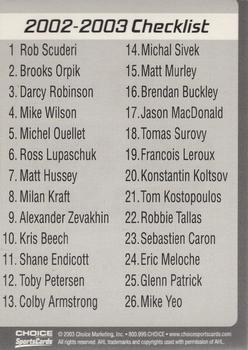 2002-03 Choice Wilkes-Barre/Scranton Penguins (AHL) #NNO Checklist Back