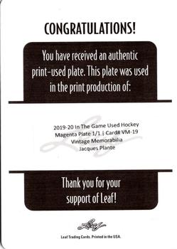 2019-20 Leaf In The Game Used - Vintage Memorabilia - Printing Plates Magenta #VM-19 Jacques Plante Back