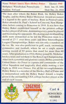 1992-96 Hockey Hall of Fame Legends of Hockey - Honoured Member #6 Hobey Baker Back