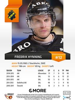 2015-16 Playercards HockeyAllsvenskan #HA-018 Fredrik Hynning Back