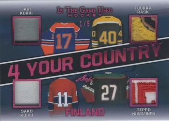 2020-21 Leaf In The Game Used - 4 Your Country Magenta #4YC-08 Jari Kurri / Tuukka Rask / Saku Koivu / Teppo Numminen Front