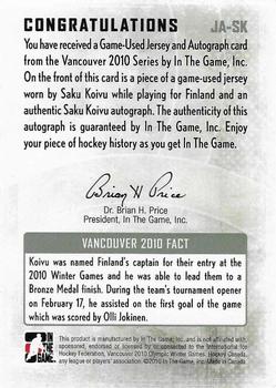 2009-10 In The Game Vancouver Olympics - Game Jerseys Autographs #JA-SK Saku Koivu Back