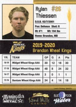 2019-20 Brandon Wheat Kings (WHL) #NNO Rylan Thiessen Back