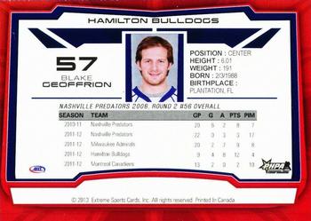 2012-13 Extreme Hamilton Bulldogs (AHL) #3 Blake Geoffrion Back