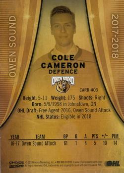 2017-18 Choice Owen Sound Attack (OHL) #3 Cole Cameron Back