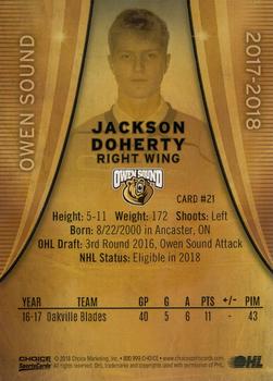 2017-18 Choice Owen Sound Attack (OHL) #21 Jackson Doherty Back