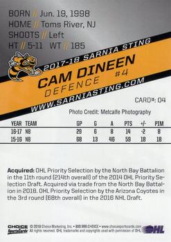2017-18 Choice Sarnia Sting (OHL) #4 Cam Dineen Back