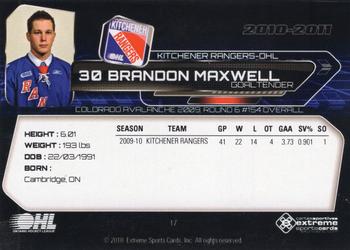 2010-11 Extreme Kitchener Rangers (OHL) #17 Brandon Maxwell Back