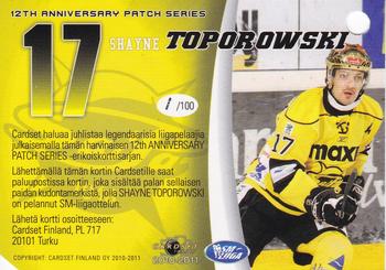 2010-11 Cardset Finland - 12th Anniversary Patch Series 2 Redemption #NNO Shayne Toporowski Back