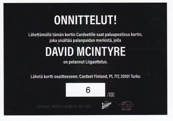 2021-22 Cardset Finland - Patch Redemption #NNO David McIntyre Back