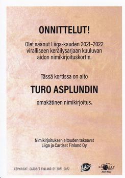 2021-22 Cardset Finland - Signature Limited Edition #NNO Turo Asplund Back