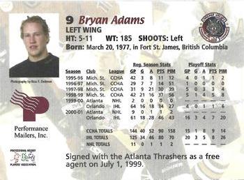2001-02 Chicago Wolves (AHL) - Performance Mailers, Inc #1 Bryan Adams Back