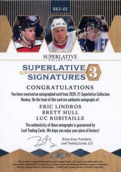 2021 Leaf Superlative - Superlative Signatures 3 Emerald #SS3-01 Eric Lindros / Brett Hull / Luc Robitaille Back