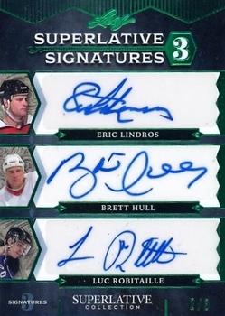 2021 Leaf Superlative - Superlative Signatures 3 Emerald #SS3-01 Eric Lindros / Brett Hull / Luc Robitaille Front