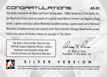 2015-16 In The Game Final Vault - 2010-11 In The Game Decades 1980s - All-Stars Jerseys Silver  (Green Vault Stamp) #AS-01 Marcel Dionne / Guy Lafleur / Larry Robinson / Tony Esposito Back