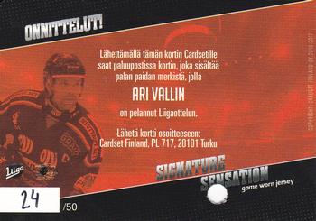 2016-17 Cardset Finland - Signature Sensations GWJ Series 2 Redemption #SC6 Ari Vallin Back