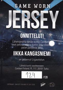2017-18 Cardset Finland - Game Worn Jersey Redemptions (Series Two) #NNO Iikka Kangasniemi Back