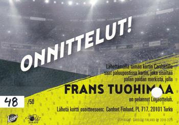 2018-19 Cardset Finland - Signature Sensation GWJ Series 1 Redemption #NNO Frans Tuohimaa Back