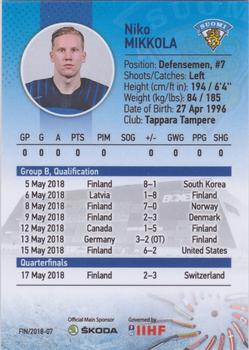 2018 BY Cards IIHF World Championship (Unlicensed) #FIN/2018-07 Niko Mikkola Back
