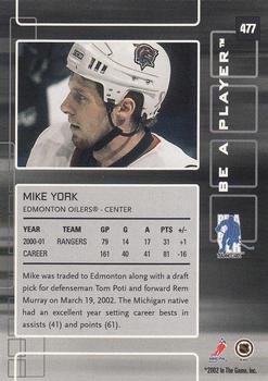2001-02 Be a Player Update - 2001-02 Be A Player Memorabilia Update #477 Mike York Back