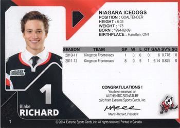 2013-14 Extreme Niagara IceDogs (OHL) Autographs #1 Blake Richard Back
