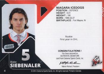 2013-14 Extreme Niagara IceDogs (OHL) Autographs #4 Blake Siebenaler Back