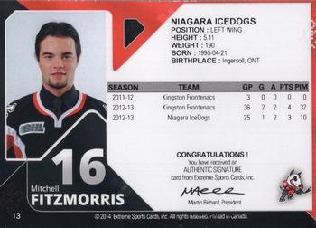 2013-14 Extreme Niagara IceDogs (OHL) Autographs #13 Mitchell Fitzmorris Back