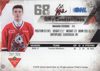 2017-18 Extreme Niagara IceDogs (OHL) Autographs #22 Billy Constantinou Back