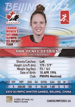 2022 BY Cards Beijing Olympics (Unlicensed) #CAN/OLYMP/2022-26 Ann-Renee Desbiens Back