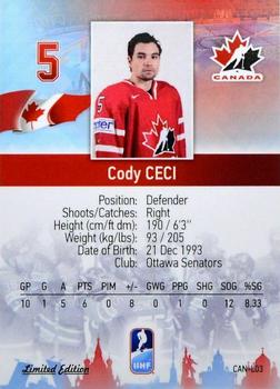 2016 BY Cards IIHF World Championship (Unlicensed) - Gold Medal Winner #CAN-L03 Cody Ceci Back