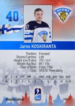 2016 BY Cards IIHF World Championship (Unlicensed) - Silver Medal Winner #FIN-L17 Jarno Koskiranta Back