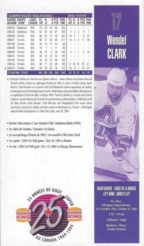 1994-95 Burger King Quebec Nordiques #NNO Wendel Clark Back