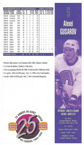 1994-95 Burger King Quebec Nordiques #NNO Alexei Gusarov Back