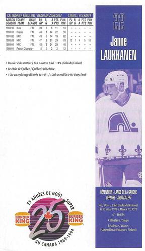 1994-95 Burger King Quebec Nordiques #NNO Janne Laukkanen Back