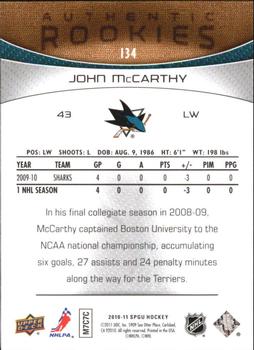 2010-11 SP Game Used #134 John McCarthy  Back