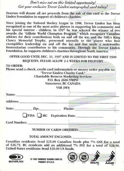 1997-98 Donruss - Trevor Linden Charity Card Offer #NNO Trevor Linden Back