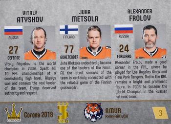 2017-18 Corona KHL 3 Stars (unlicensed) #3 Vitaly Atyushov / Juha Metsola / Alexander Frolov Back