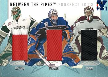 2015-16 In The Game Final Vault - 2006-07 In The Game Between The Pipes - Prospect Trios (Blue Vault Stamp) #PT-06 Leland Irving / Jonathan Bernier / Trevor Cann Front