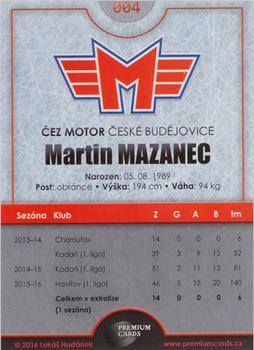 2016-17 Ceske Budejovice Gold Jersey - Home Jersey #4 Martin Mazanec Back