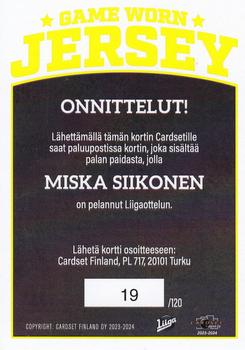 2023-24 Cardset Finland - Game Worn Jersey Redemption #GWJ6 Miska Siikonen Back