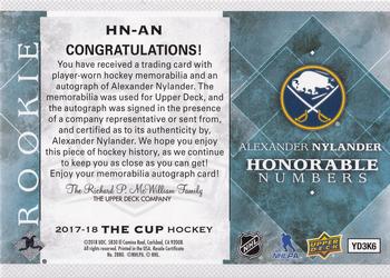 2018-19 Upper Deck The Cup - 2017-18 Upper Deck The Cup Update I: Honorable Numbers Autographs #HN-AN Alexander Nylander Back