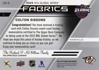 2023-24 SP Game Used - 2022 Global Series Fabrics #GS-6 Colton Sissons Back