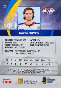 2024 BY Cards IIHF World Junior Championship #20 Gavin Hayes Back