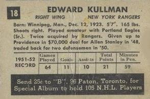 1952-53 Parkhurst #18 Ed Kullman Back