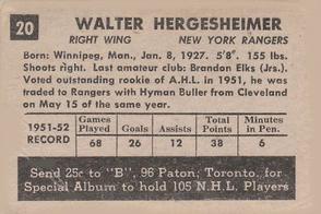 1952-53 Parkhurst #20 Wally Hergesheimer Back
